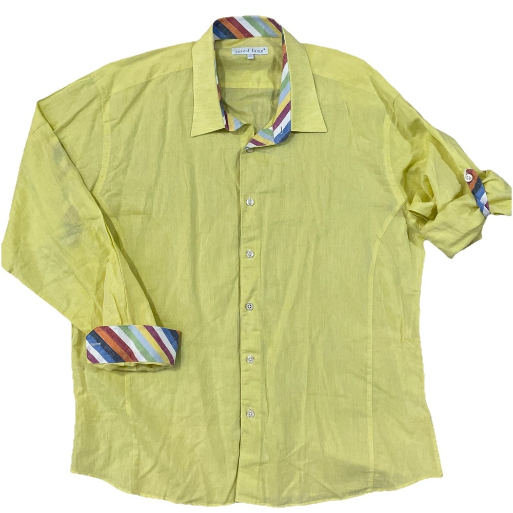 Jared Lang Linen Cotton‎ Yellow Silver Button Down Long Sleeve Shirt Men 3XL